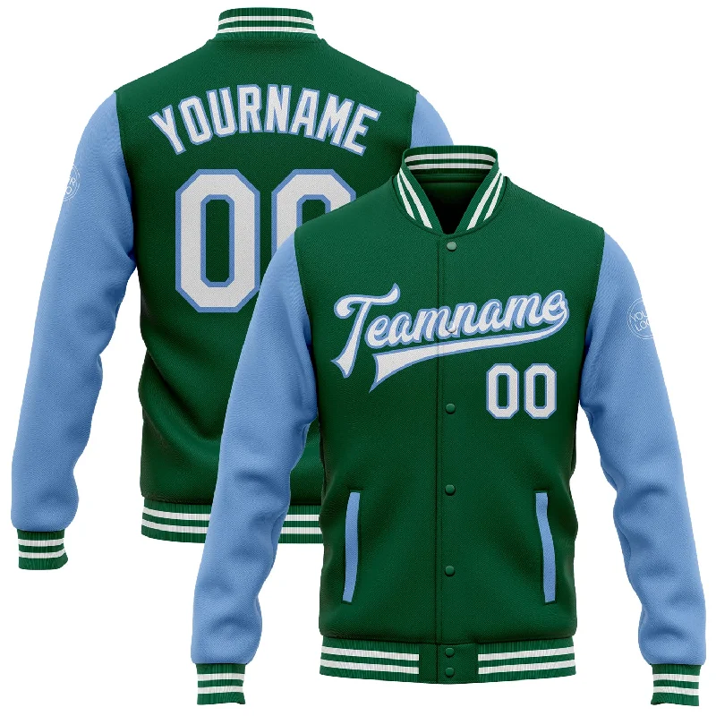 Classic Unisex Fashion Looks Fresh Styles, Fresh Deals Custom Kelly Green White-Light Blue Bomber Full-Snap Varsity Letterman Two Tone Jacket