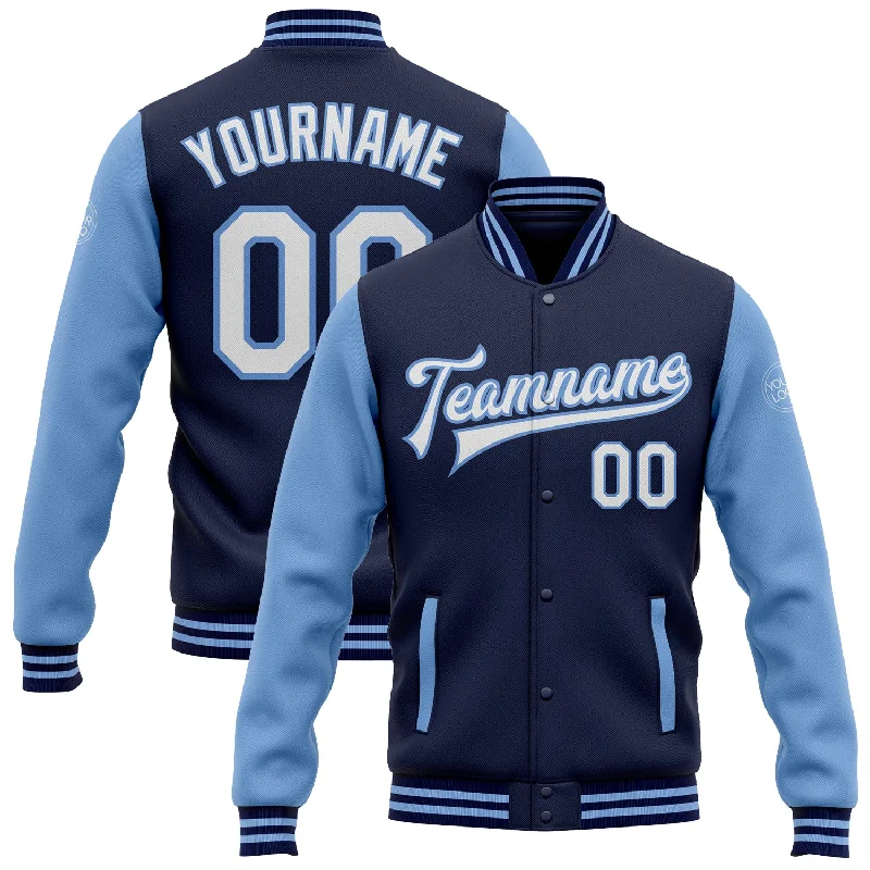 Breathable And Lightweight Unisex Wear Classy Style Discounts Custom Navy White-Light Blue Bomber Full-Snap Varsity Letterman Two Tone Jacket