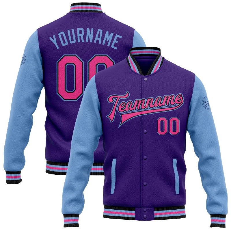 Gender-Neutral Fashion For Everyday Style Fashionable Comfort Promotions Custom Purple Pink Light Blue-Black Bomber Full-Snap Varsity Letterman Two Tone Jacket