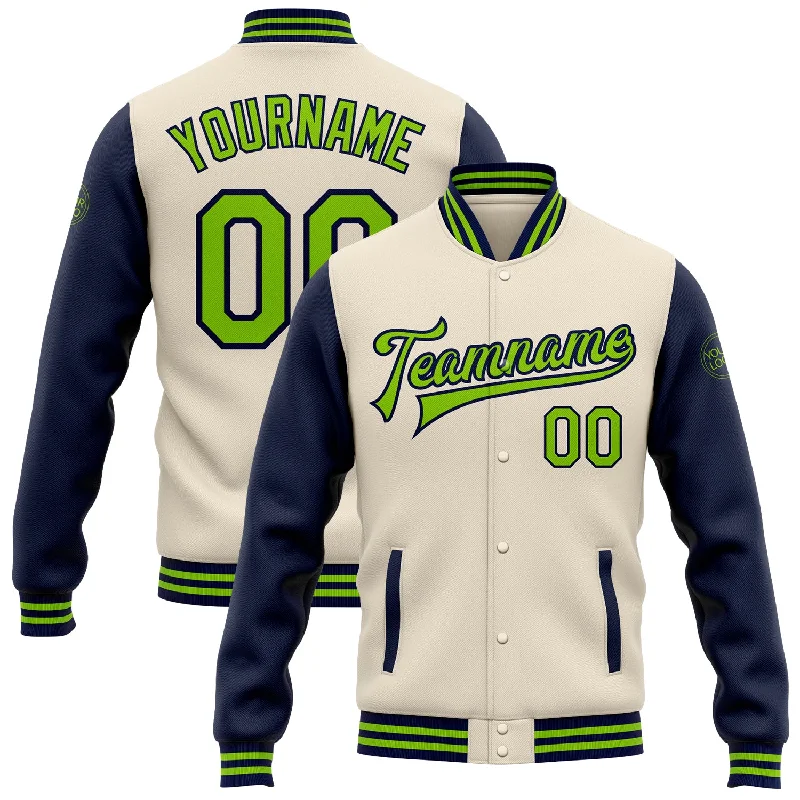 Fashion-Forward Gender-Neutral Outfit Ideas Top Deals Custom Cream Neon Green-Navy Bomber Full-Snap Varsity Letterman Two Tone Jacket