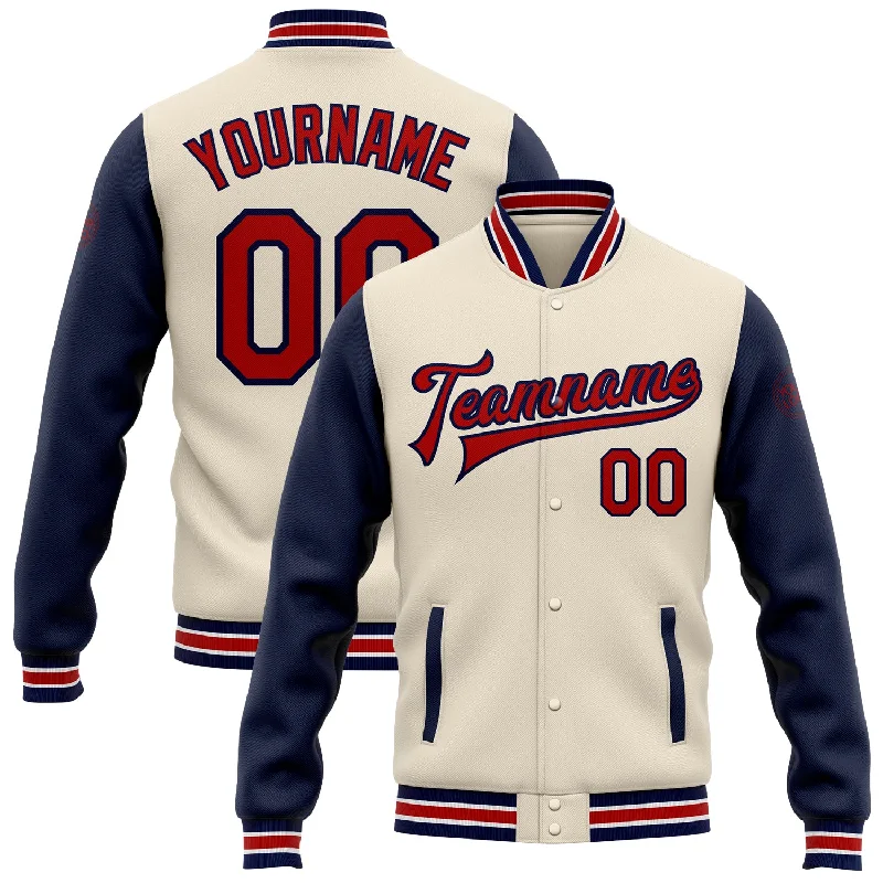 Trendy Unisex Streetwear Fashion Swimwear Summer Blowout Custom Cream Red-Navy Bomber Full-Snap Varsity Letterman Two Tone Jacket