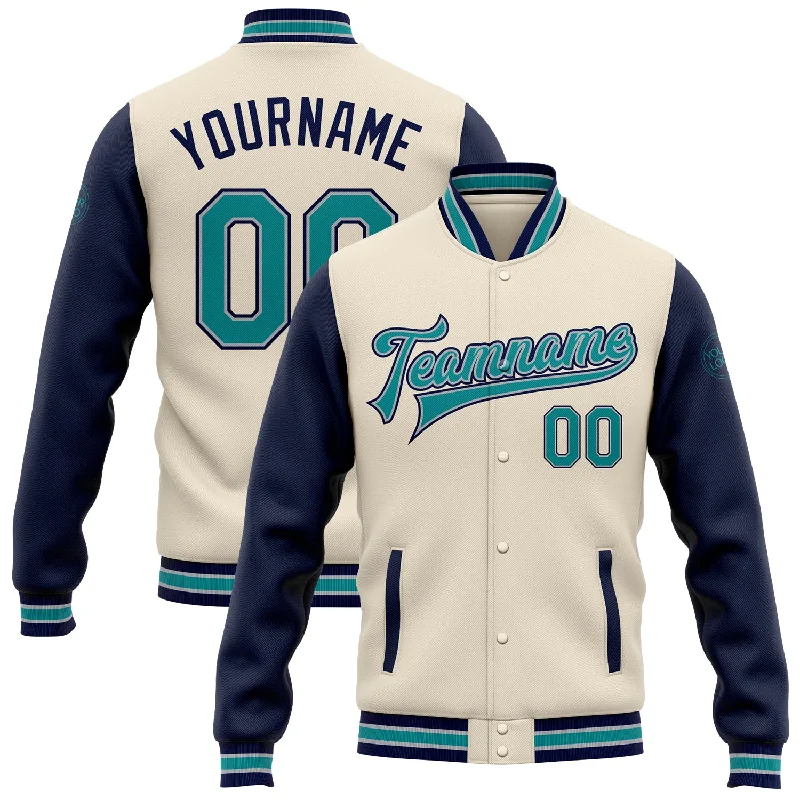 Comfortable And Stylish Unisex Outfits Holiday Attire Sale Custom Cream Teal Navy-Gray Bomber Full-Snap Varsity Letterman Two Tone Jacket