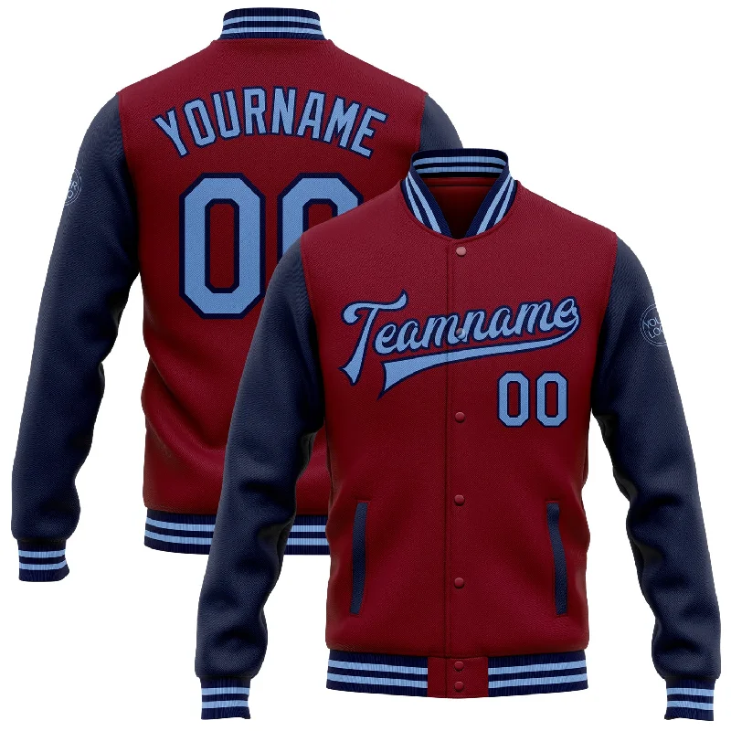 Trendy Unisex Step Ahead, Lead The Trend Custom Crimson Light Blue-Navy Bomber Full-Snap Varsity Letterman Two Tone Jacket