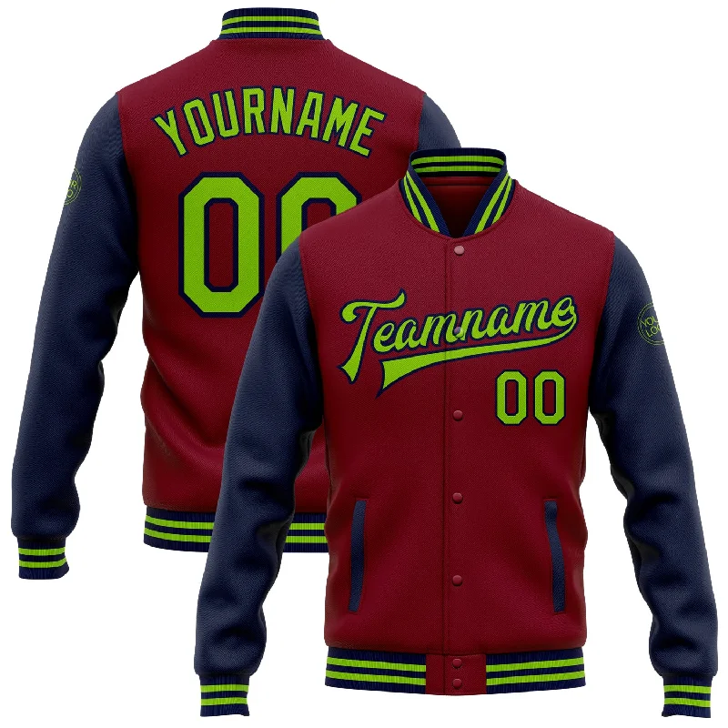 Everyday Wear For Men And Women Trendy Threads Custom Crimson Neon Green-Navy Bomber Full-Snap Varsity Letterman Two Tone Jacket