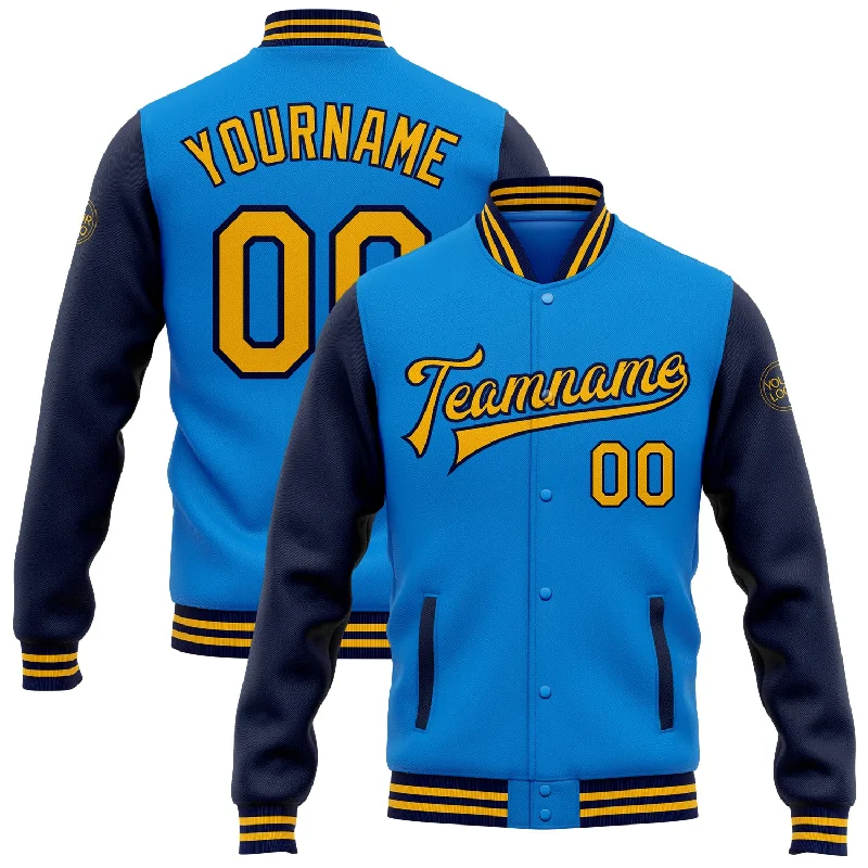 Urban-Inspired Unisex Fashion Trends Durable Fashion Picks Custom Powder Blue Gold-Navy Bomber Full-Snap Varsity Letterman Two Tone Jacket