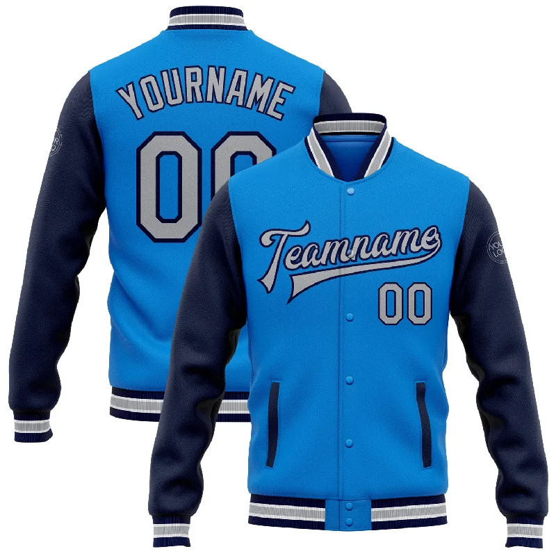 High-Quality Unisex Fashion Basics Get The Latest Trends Custom Powder Blue Gray-Navy Bomber Full-Snap Varsity Letterman Two Tone Jacket