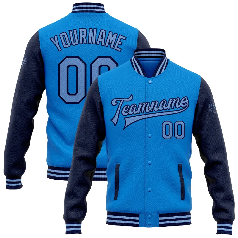 Chic And Contemporary Unisex Clothing Choices Style Redefined Custom Powder Blue Light Blue-Navy Bomber Full-Snap Varsity Letterman Two Tone Jacket