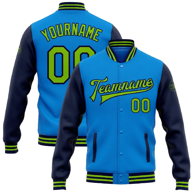 Trendy Unisex Streetwear Fashion Chic Trends Unveiled Custom Powder Blue Neon Green-Navy Bomber Full-Snap Varsity Letterman Two Tone Jacket