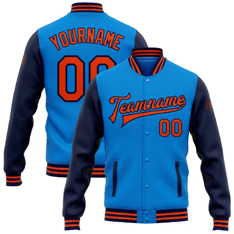 Gender-Neutral Trendy Clothing Styles Valentine's Special Custom Powder Blue Orange-Navy Bomber Full-Snap Varsity Letterman Two Tone Jacket