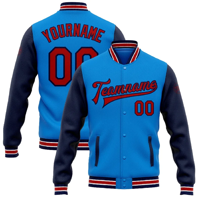 Gender-Neutral Fashion For Everyday Style Unleash Your Style Custom Powder Blue Red-Navy Bomber Full-Snap Varsity Letterman Two Tone Jacket