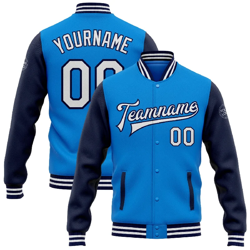 Urban-Inspired Unisex Fashion Pieces Elegant Style Custom Powder Blue White-Navy Bomber Full-Snap Varsity Letterman Two Tone Jacket