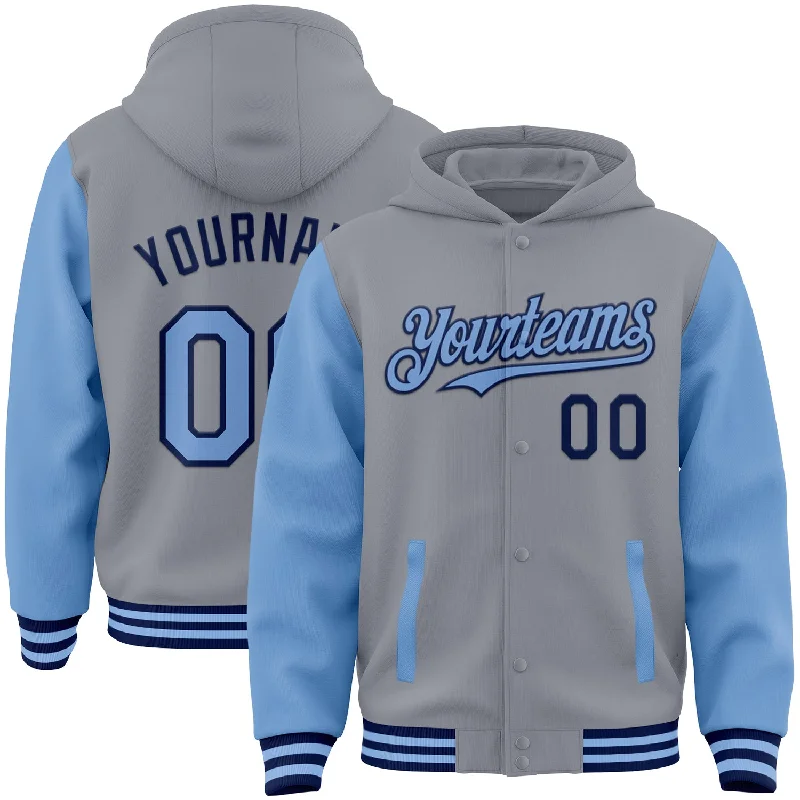 Chic And Contemporary Unisex Clothing Choices Urban Style Promotions Custom Gray Light Blue-Navy Bomber Full-Snap Varsity Letterman Two Tone Hoodie Jacket