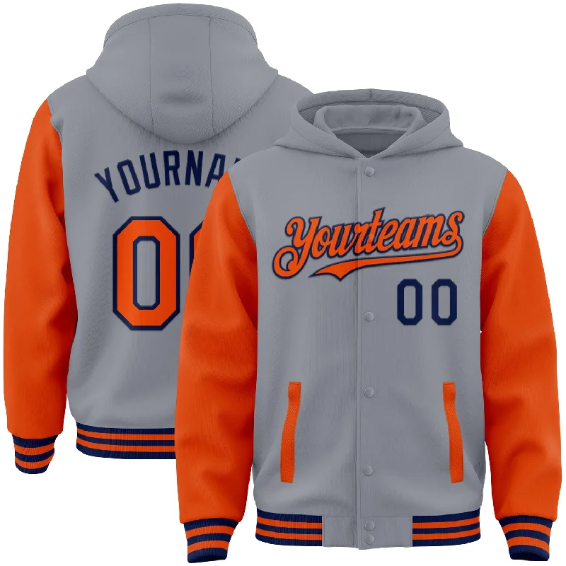 Oversized Unisex Apparel For Effortless Style Edgy Fashion Deals Custom Gray Orange-Navy Bomber Full-Snap Varsity Letterman Two Tone Hoodie Jacket