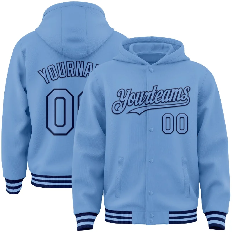 Versatile Unisex Layering Pieces The Latest Trends Custom Light Blue Navy Bomber Full-Snap Varsity Letterman Hoodie Jacket