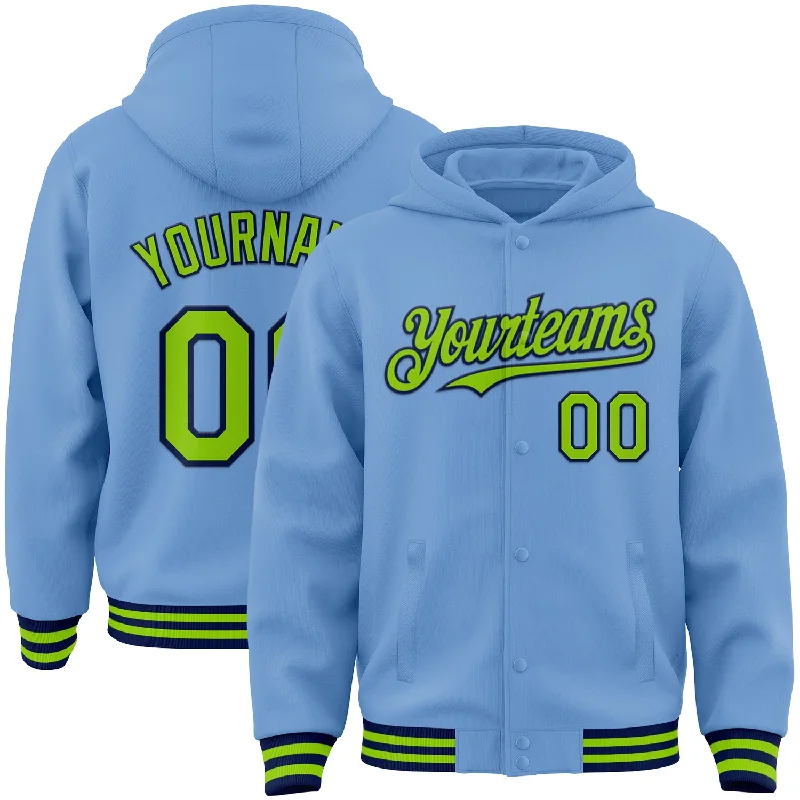 Functional And Stylish Unisex Wear Embrace New Fashion Custom Light Blue Neon Green-Navy Bomber Full-Snap Varsity Letterman Hoodie Jacket