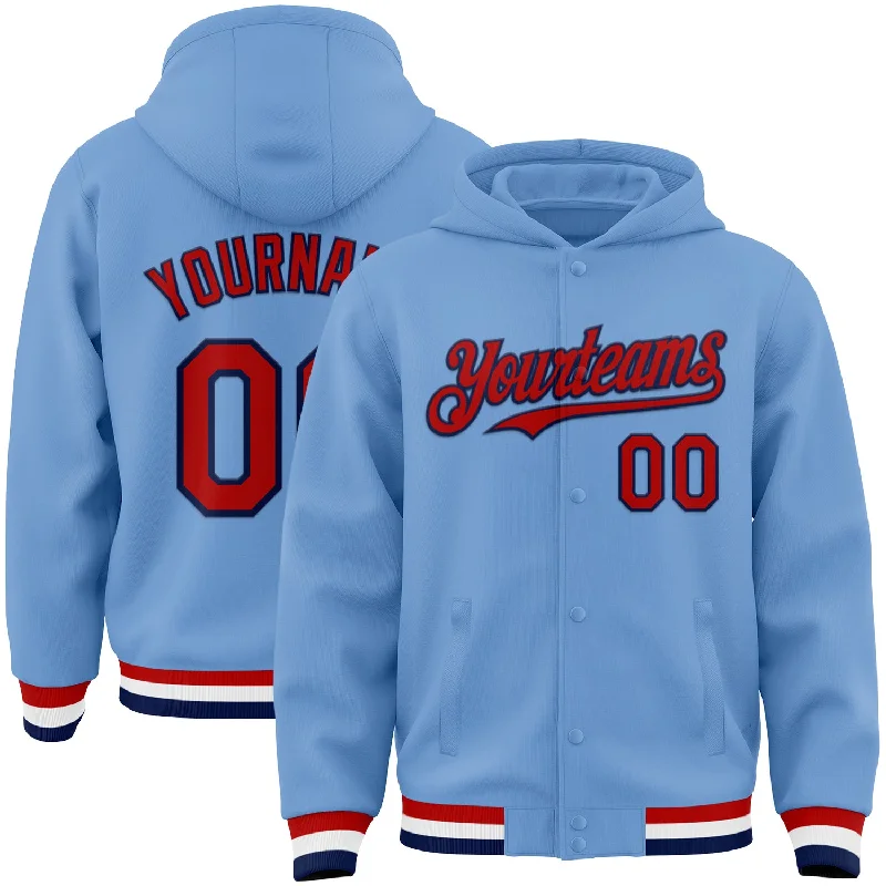 Chic And Contemporary Unisex Clothing Choices Budget Friendly Custom Light Blue Red-Navy Bomber Full-Snap Varsity Letterman Hoodie Jacket