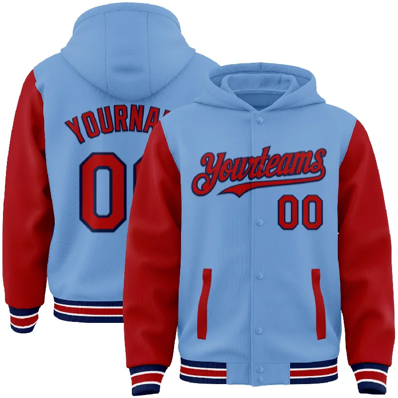 Oversized And Relaxed Unisex Fashion Chic Style, Always In Vogue Custom Light Blue Red-Navy Bomber Full-Snap Varsity Letterman Two Tone Hoodie Jacket