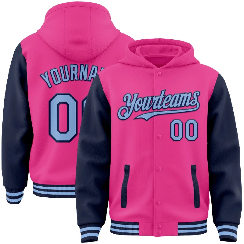 Classic And Timeless Gender-Neutral Fashion Sophisticated Fashion Custom Pink Light Blue-Navy Bomber Full-Snap Varsity Letterman Two Tone Hoodie Jacket