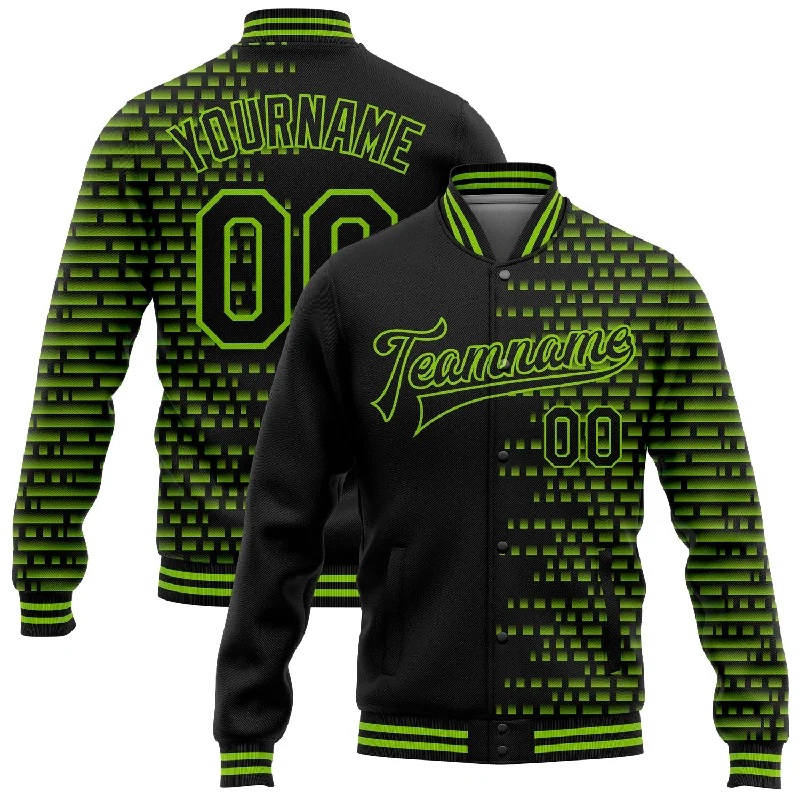 Versatile Clothing For All Genders Elegant Fashion Offers Custom Black Neon Green Halftone 3D Pattern Design Bomber Full-Snap Varsity Letterman Jacket