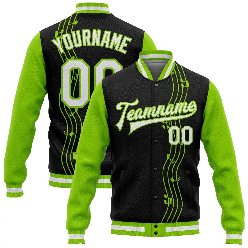 Gender-Neutral Trendy Clothing Styles Season Sale Custom Black White-Neon Green Music Festival 3D Pattern Design Bomber Full-Snap Varsity Letterman Jacket