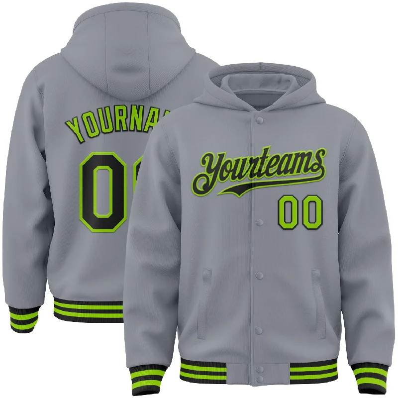 Modern Unisex Streetwear Outfits Laid-Back Fashion Offers Custom Gray Black-Neon Green Bomber Full-Snap Varsity Letterman Hoodie Jacket