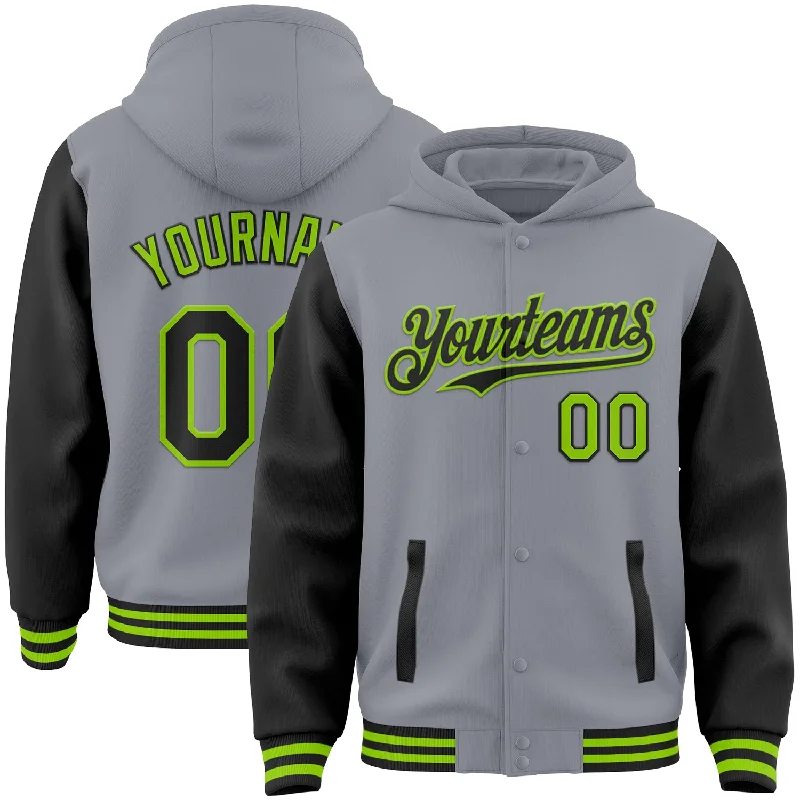 Relaxed-Fit Unisex Fashion For All-Day Comfort Budget Friendly Custom Gray Black-Neon Green Bomber Full-Snap Varsity Letterman Two Tone Hoodie Jacket