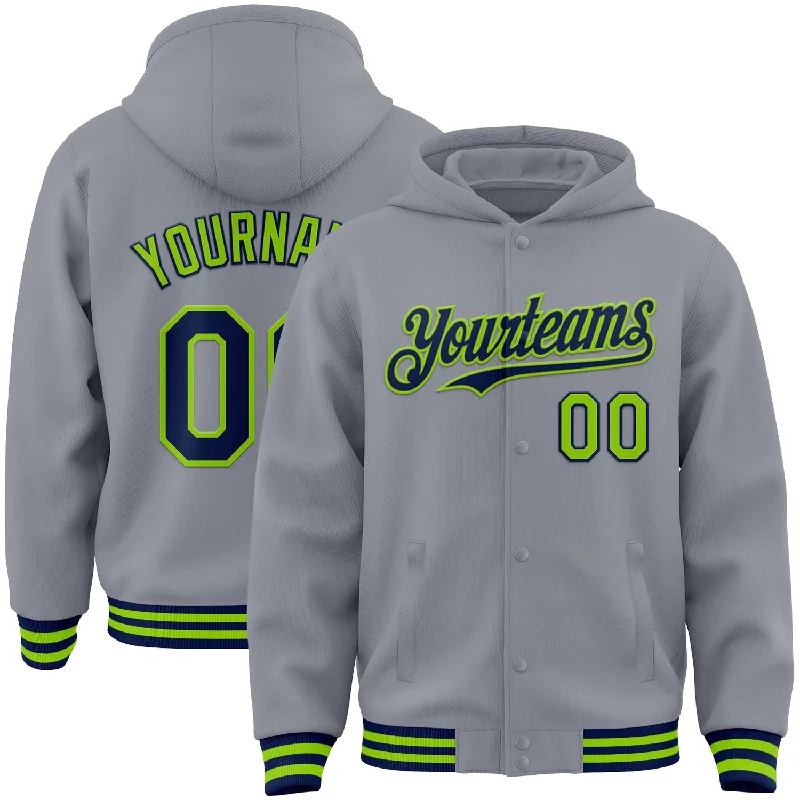 Minimalist Unisex Fashion Essentials Smart Casual Deals Custom Gray Navy-Neon Green Bomber Full-Snap Varsity Letterman Hoodie Jacket