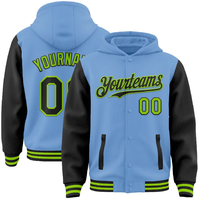 Contemporary Gender-Free Clothing Styles Fresh Styles, Fresh Deals Custom Light Blue Black-Neon Green Bomber Full-Snap Varsity Letterman Two Tone Hoodie Jacket