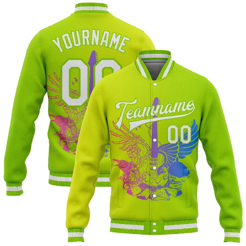 Comfortable Gender-Free Fashion Choices Summer Fashion Custom Neon Green White-Neon Yellow Guitar Rock Roll Music Festival 3D Pattern Design Bomber Full-Snap Varsity Letterman Gradient Fashion Jacket