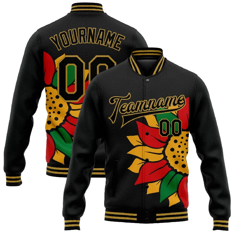 Unisex Casual Fashion Trends Top Deals Custom Black Old Gold Red-Kelly Green Black History Month 3D Pattern Design Bomber Full-Snap Varsity Letterman Jacket