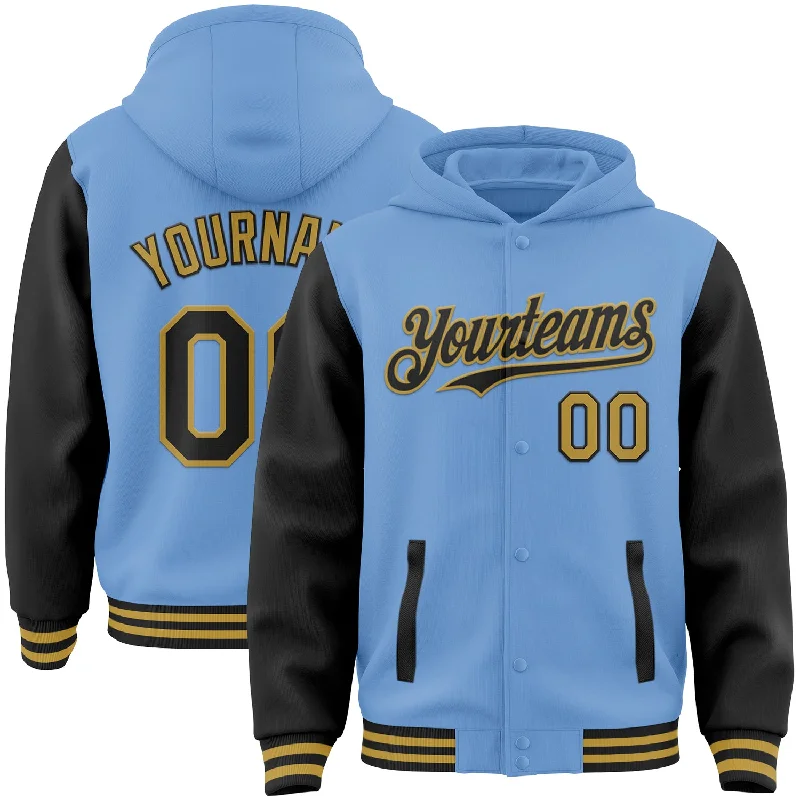 Modern Unisex Clothing For Any Occasion Fashion-Forward Custom Light Blue Black-Old Gold Bomber Full-Snap Varsity Letterman Two Tone Hoodie Jacket