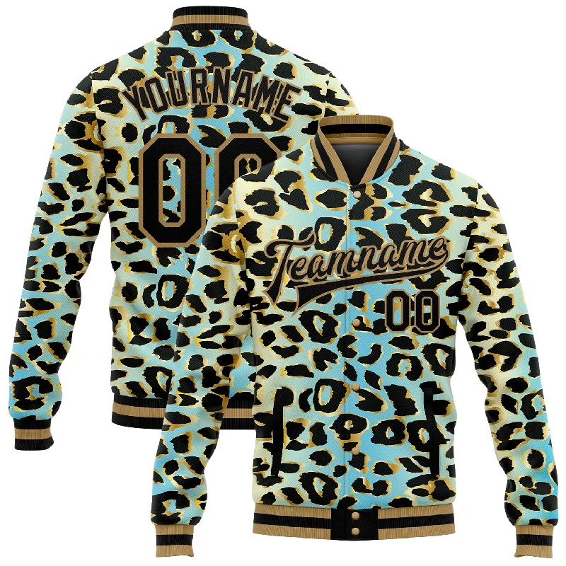 Effortless And Modern Unisex Dressing Chic & Cozy Collection Custom Sky Blue Black-Old Gold Leopard Print 3D Pattern Design Bomber Full-Snap Varsity Letterman Jacket