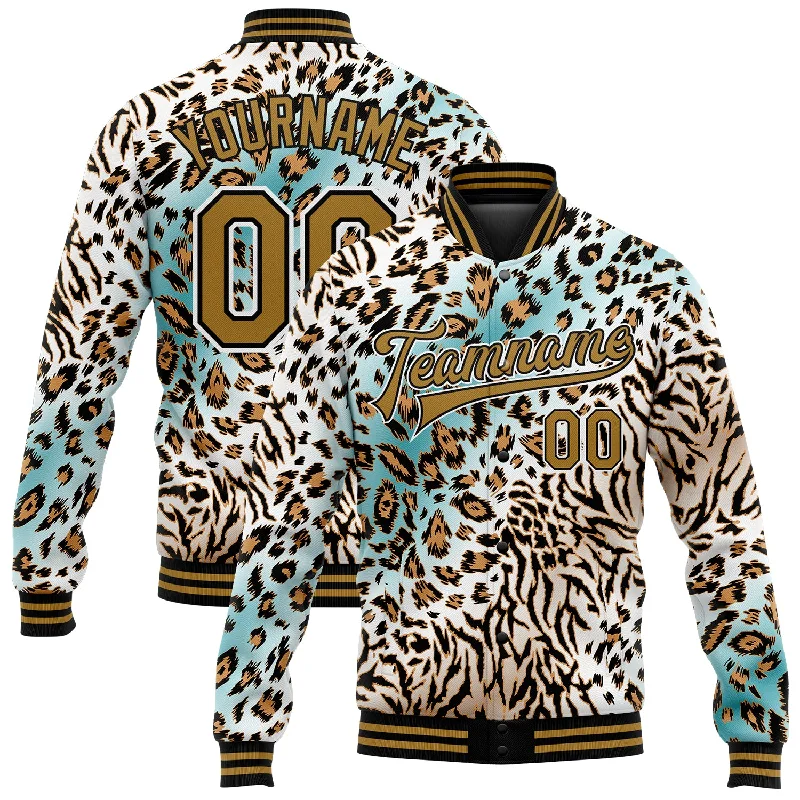 Oversized And Relaxed Unisex Fashion Fashionista Sale Custom White Black-Old Gold Leopard Print 3D Pattern Design Bomber Full-Snap Varsity Letterman Jacket