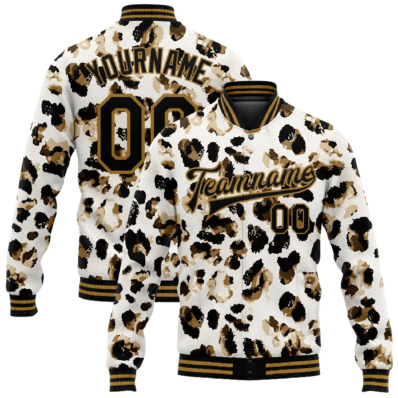 Sustainable Gender-Neutral Apparel Stylish Deals Custom White Black-Old Gold Leopard Print 3D Pattern Design Bomber Full-Snap Varsity Letterman Jacket