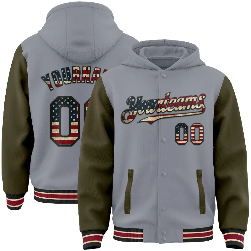 Modern Unisex Wardrobe Staples Fashion Sale Custom Gray Vintage USA Flag Olive Black City Cream-Crimson Bomber Full-Snap Varsity Letterman Two Tone Hoodie Jacket