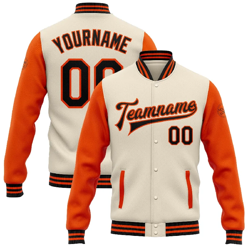 Functional And Stylish Unisex Wear Unbeatable Deals Custom Cream Black-Orange Bomber Full-Snap Varsity Letterman Two Tone Jacket