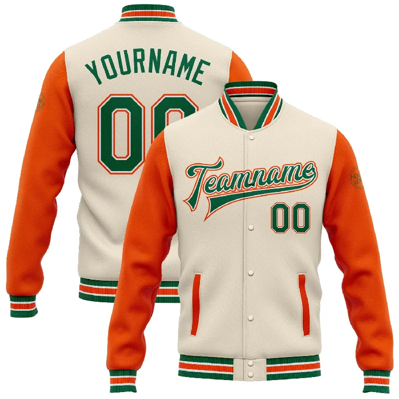 Versatile And Stylish Unisex Apparel Seasonal Picks Custom Cream Kelly Green-Orange Bomber Full-Snap Varsity Letterman Two Tone Jacket