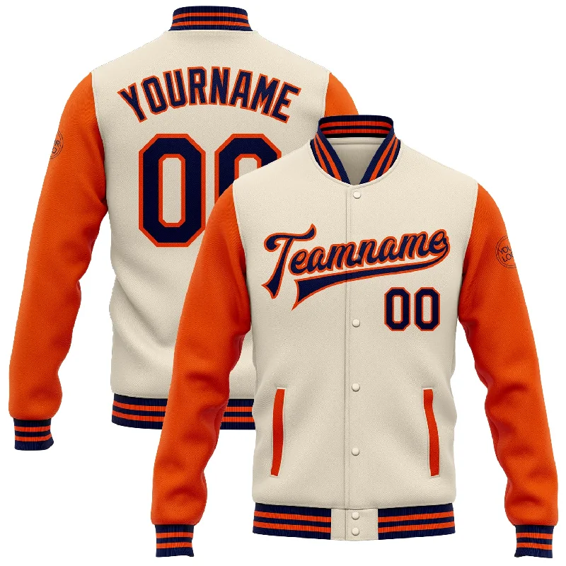 Lightweight And Breathable Unisex Wear Must Haves Custom Cream Navy-Orange Bomber Full-Snap Varsity Letterman Two Tone Jacket