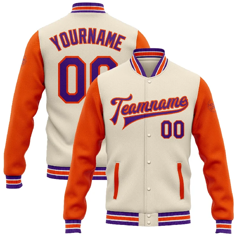 Unisex Everyday Fashion Essentials Special Offers Custom Cream Purple-Orange Bomber Full-Snap Varsity Letterman Two Tone Jacket