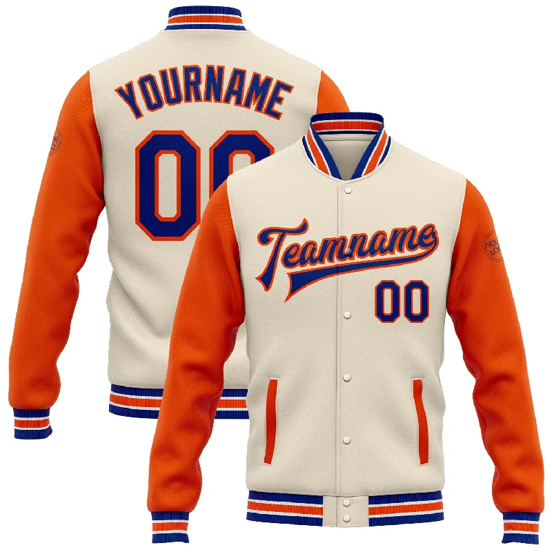 Oversized And Relaxed Unisex Fashion Best Sellers Custom Cream Royal-Orange Bomber Full-Snap Varsity Letterman Two Tone Jacket