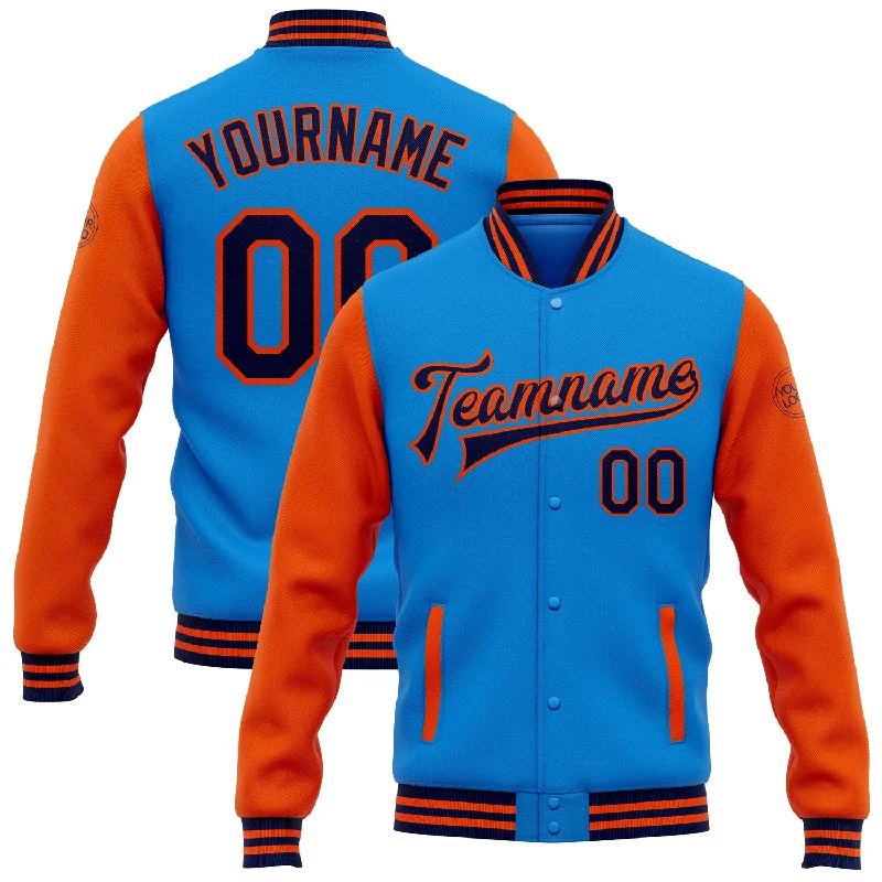 All-Season Unisex Clothing Collection Stylish Looks Custom Powder Blue Navy-Orange Bomber Full-Snap Varsity Letterman Two Tone Jacket