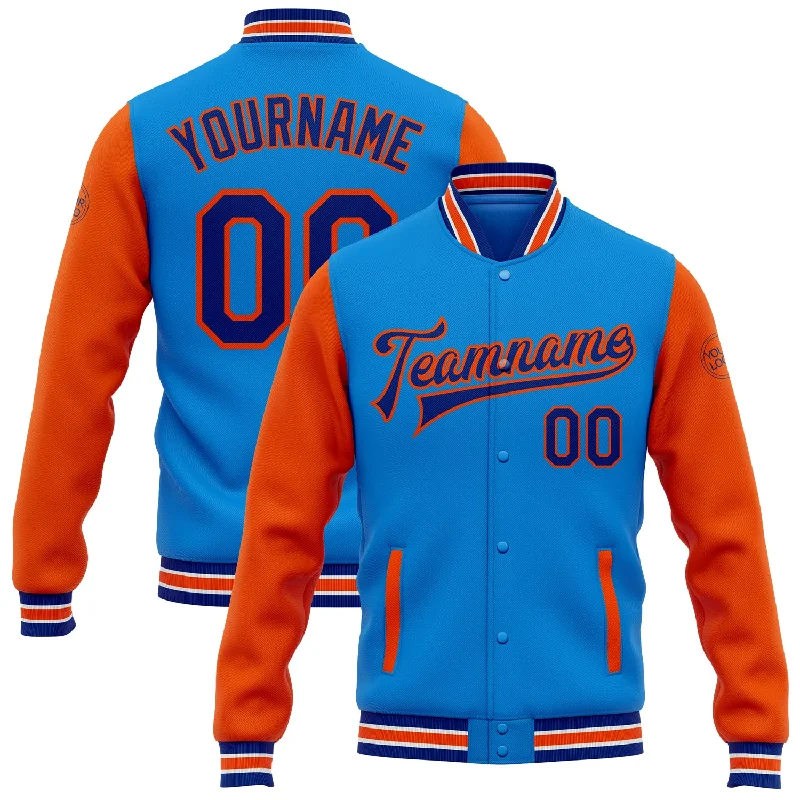 Bold And Trendy Gender-Neutral Outfits Budget-Friendly Fashion Custom Powder Blue Royal-Orange Bomber Full-Snap Varsity Letterman Two Tone Jacket