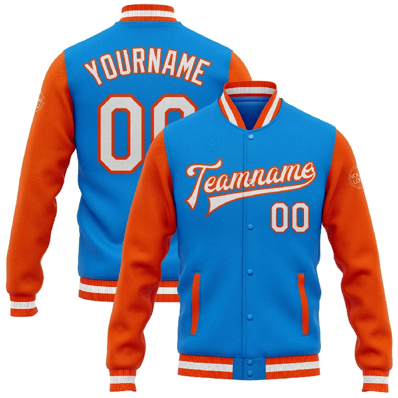 Sleek And Stylish Unisex Outerwear Casual Chic Custom Powder Blue White-Orange Bomber Full-Snap Varsity Letterman Two Tone Jacket