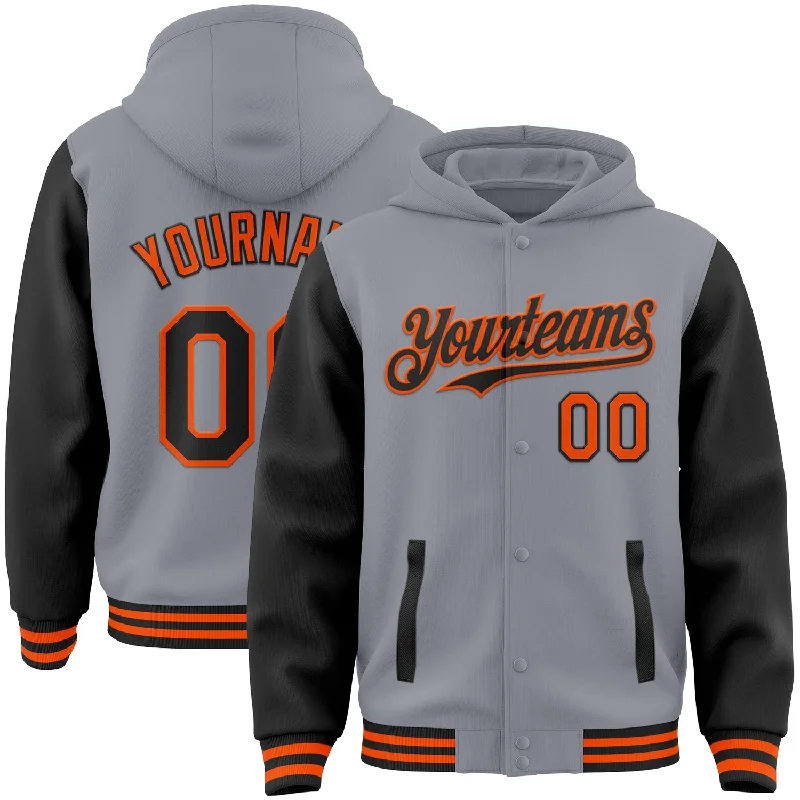 Fashion-Forward Gender-Neutral Outerwear Limited Time Special Offer Custom Gray Black-Orange Bomber Full-Snap Varsity Letterman Two Tone Hoodie Jacket