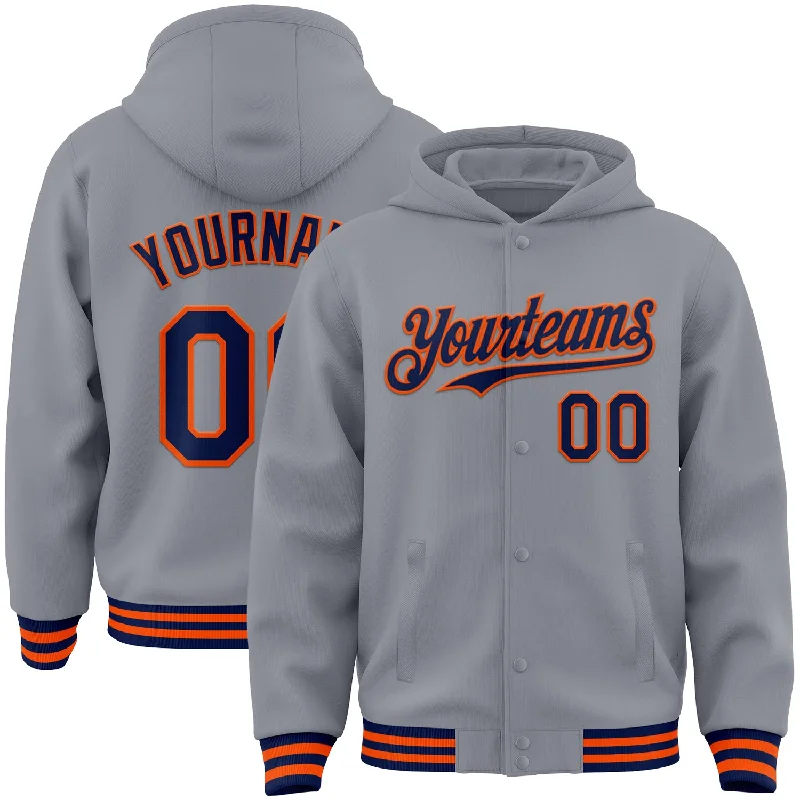 Gender-Neutral Fashion For Everyday Style Bold Fashion Sales Custom Gray Navy-Orange Bomber Full-Snap Varsity Letterman Hoodie Jacket