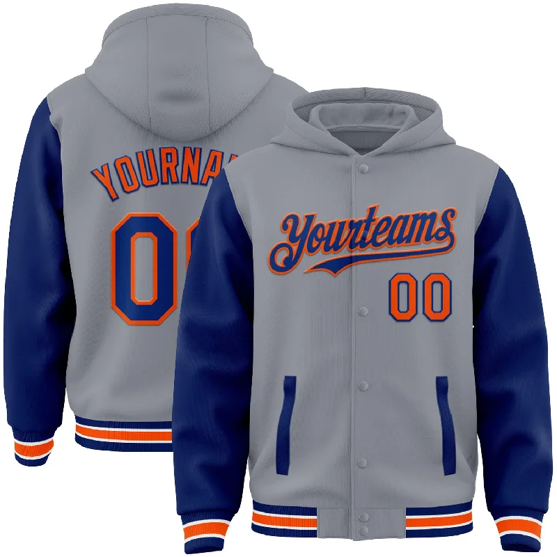 Sleek And Comfortable Unisex Wear Massive Savings Custom Gray Royal-Orange Bomber Full-Snap Varsity Letterman Two Tone Hoodie Jacket