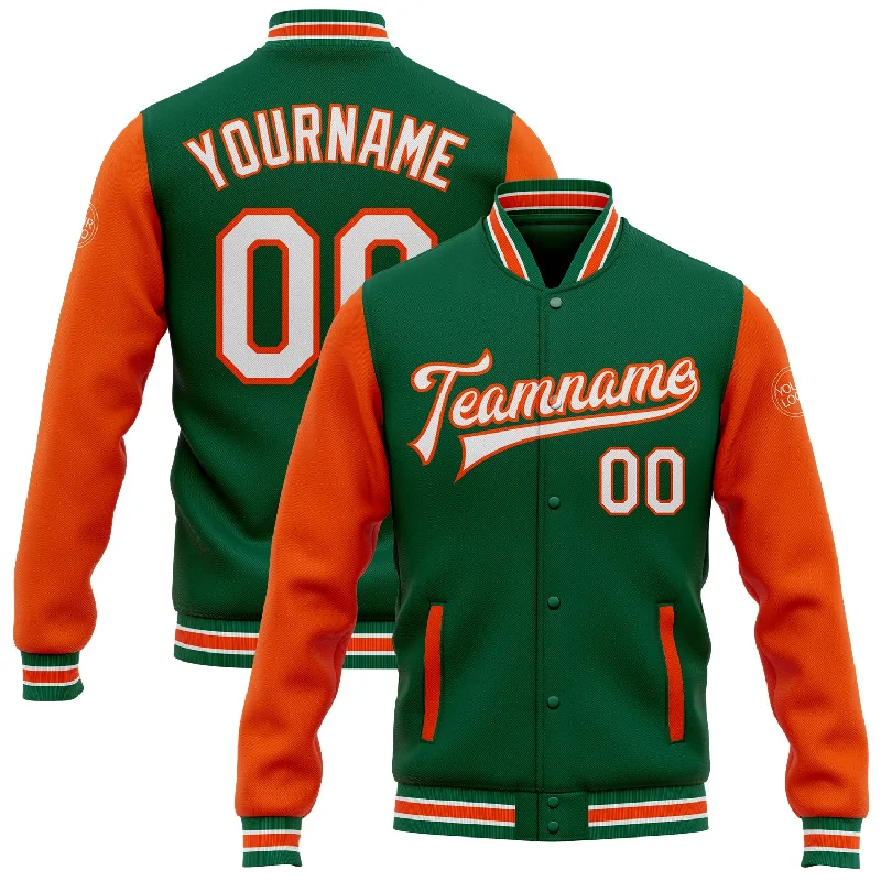 Comfortable Unisex Streetwear Durable Fashion Picks Custom Kelly Green White-Orange Bomber Full-Snap Varsity Letterman Two Tone Jacket