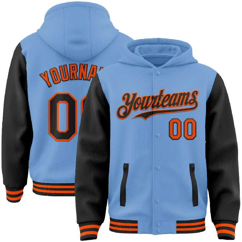 Oversized Unisex Apparel For Effortless Style Limited Styles Custom Light Blue Black-Orange Bomber Full-Snap Varsity Letterman Two Tone Hoodie Jacket