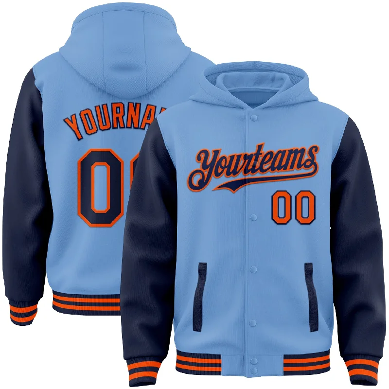 Unisex Casual Wear For All Seasons Limited Stock, Big Sale Custom Light Blue Navy-Orange Bomber Full-Snap Varsity Letterman Two Tone Hoodie Jacket