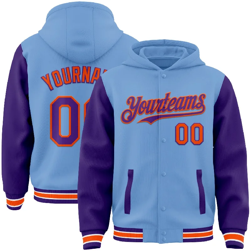 High-Quality Unisex Basics For All Occasions Must Haves Custom Light Blue Purple-Orange Bomber Full-Snap Varsity Letterman Two Tone Hoodie Jacket